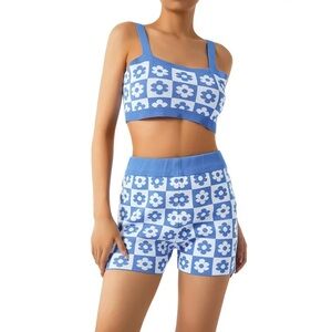 Blue & White Floral Knit Summer Tank & Shorts Set